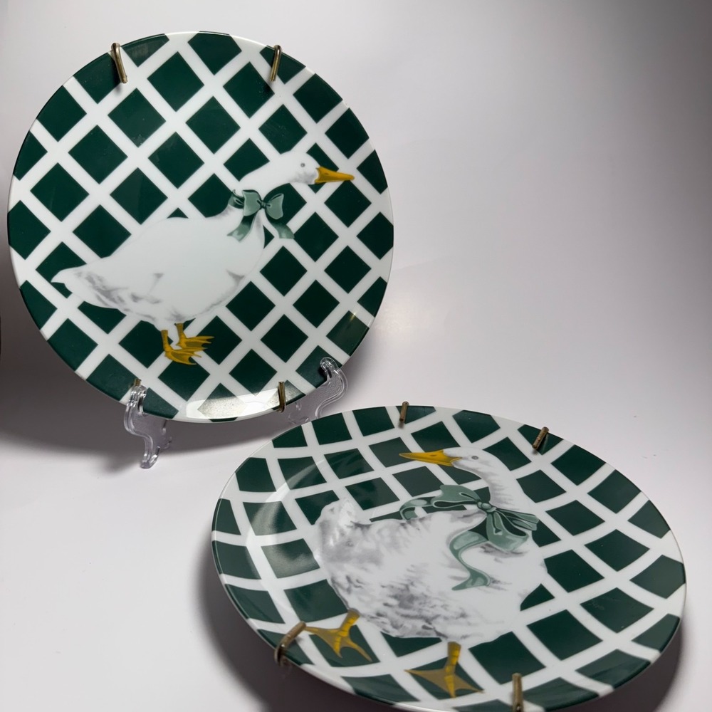 Set of 2 Duck Decorative Plates – Dept 56 "Trellage" Pattern, Green Lattice